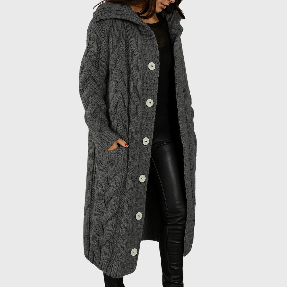 Hooded Longline Cable Knit Cardigan with Button Front