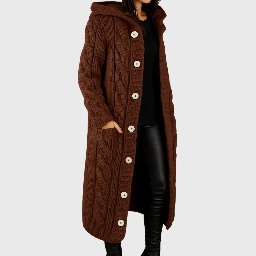 Hooded Longline Cable Knit Cardigan with Button Front