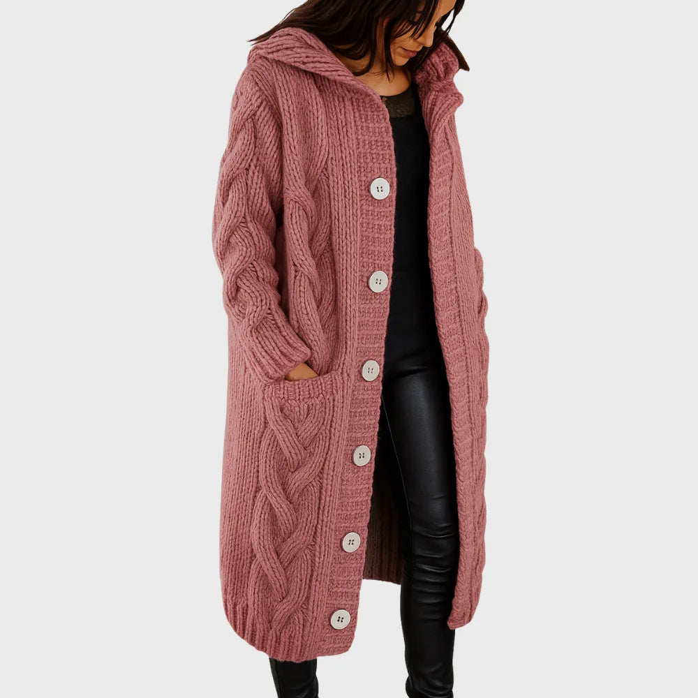 Hooded Longline Cable Knit Cardigan with Button Front