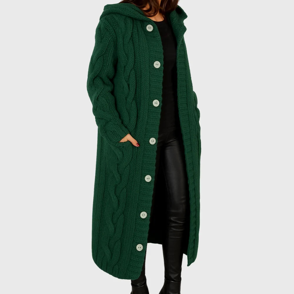 Hooded Longline Cable Knit Cardigan with Button Front