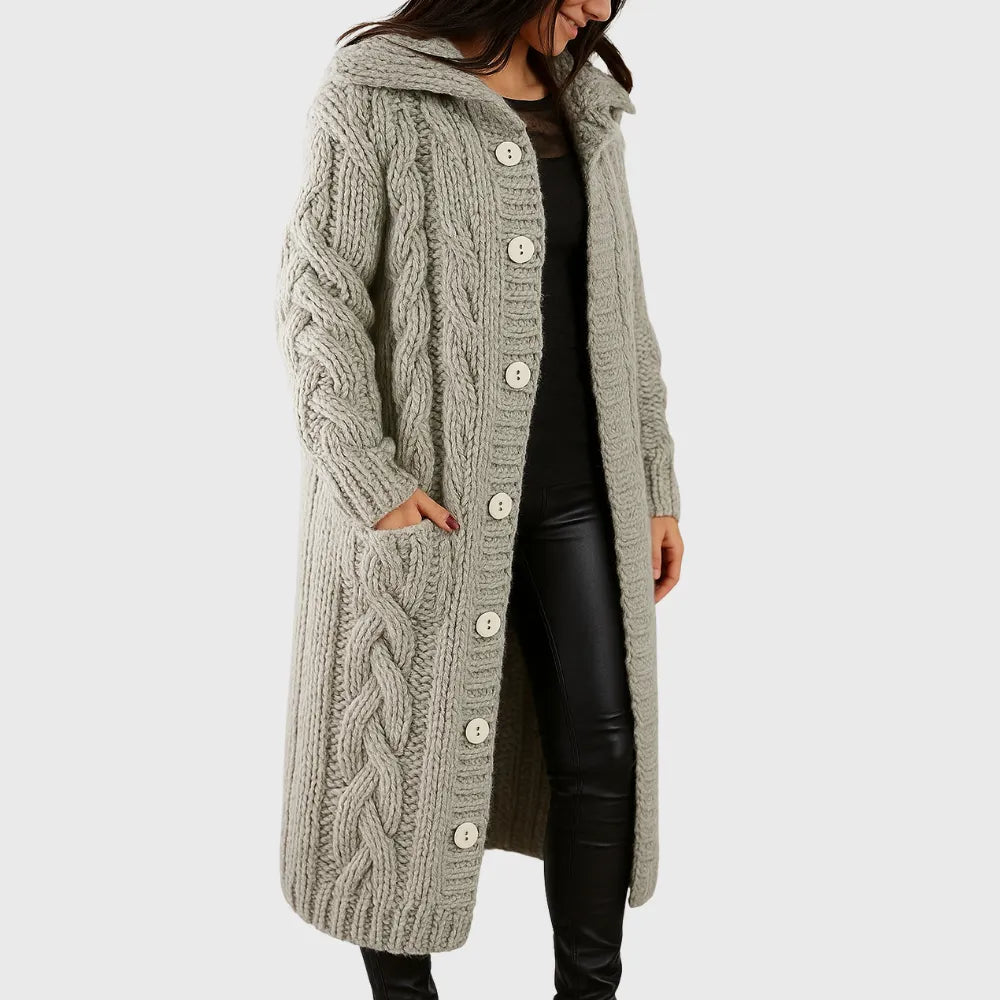 Hooded Longline Cable Knit Cardigan with Button Front