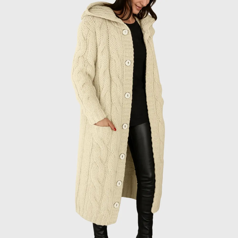 Hooded Longline Cable Knit Cardigan with Button Front