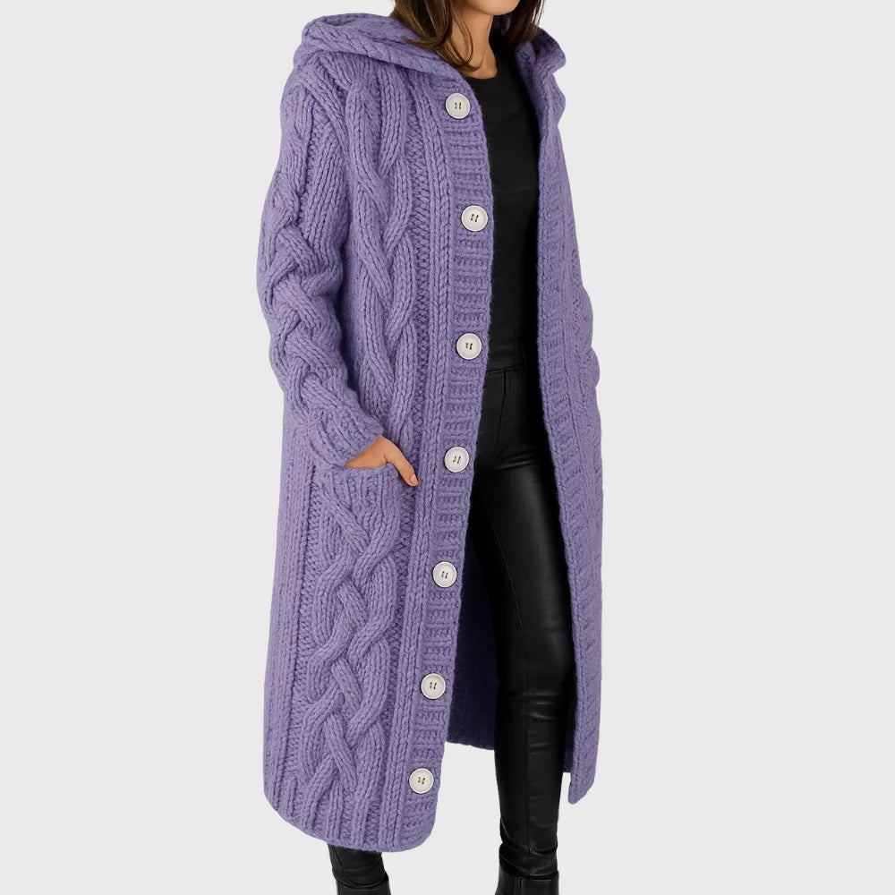 Hooded Longline Cable Knit Cardigan with Button Front