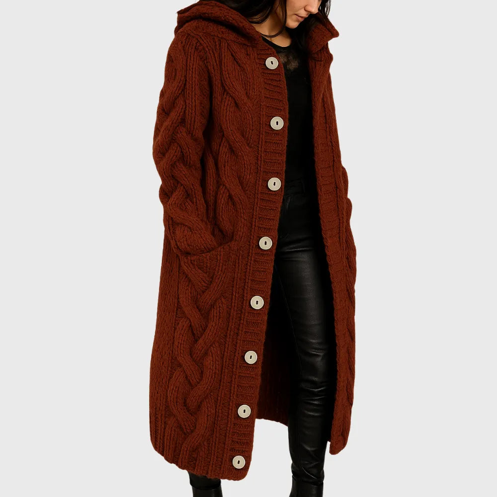 Hooded Longline Cable Knit Cardigan with Button Front