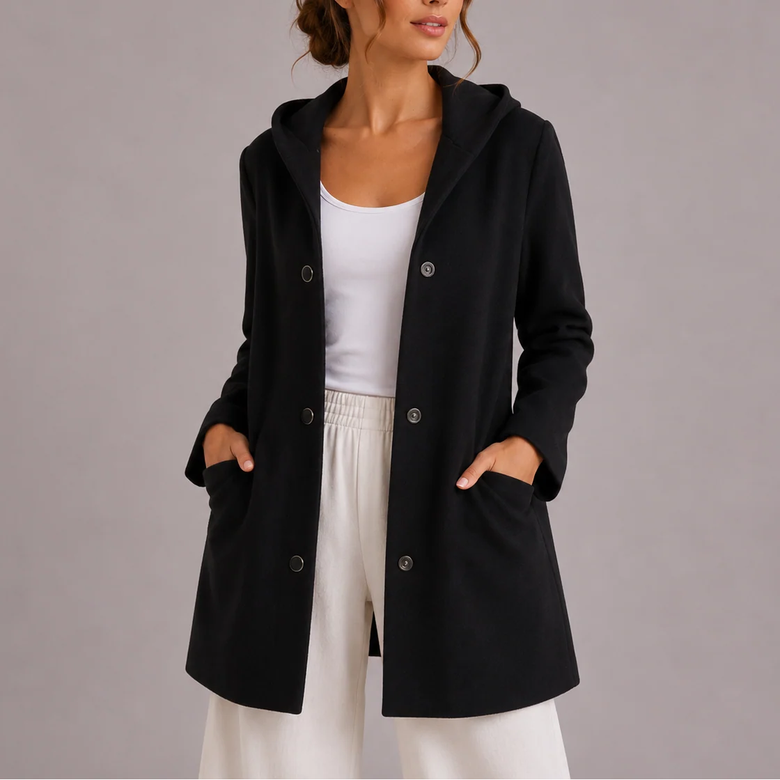 Hooded Longline Knit Cardigan with Button Front and Pockets