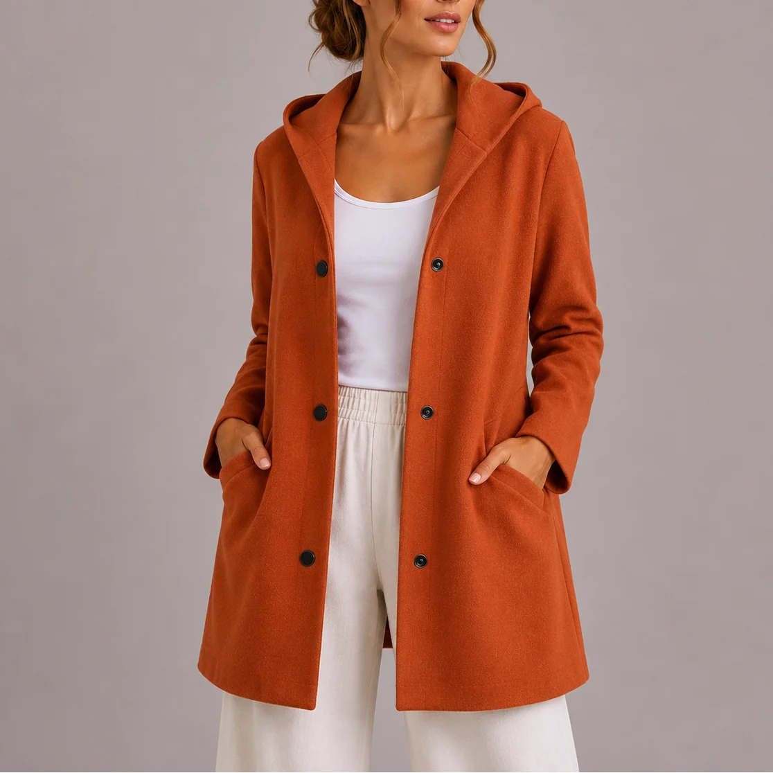 Hooded Longline Knit Cardigan with Button Front and Pockets