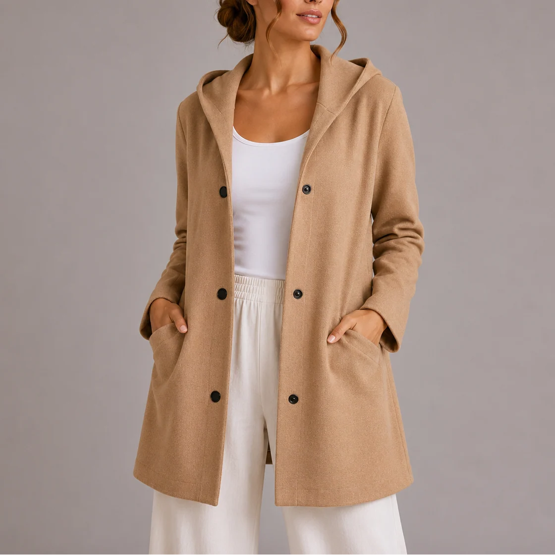 Hooded Longline Knit Cardigan with Button Front and Pockets