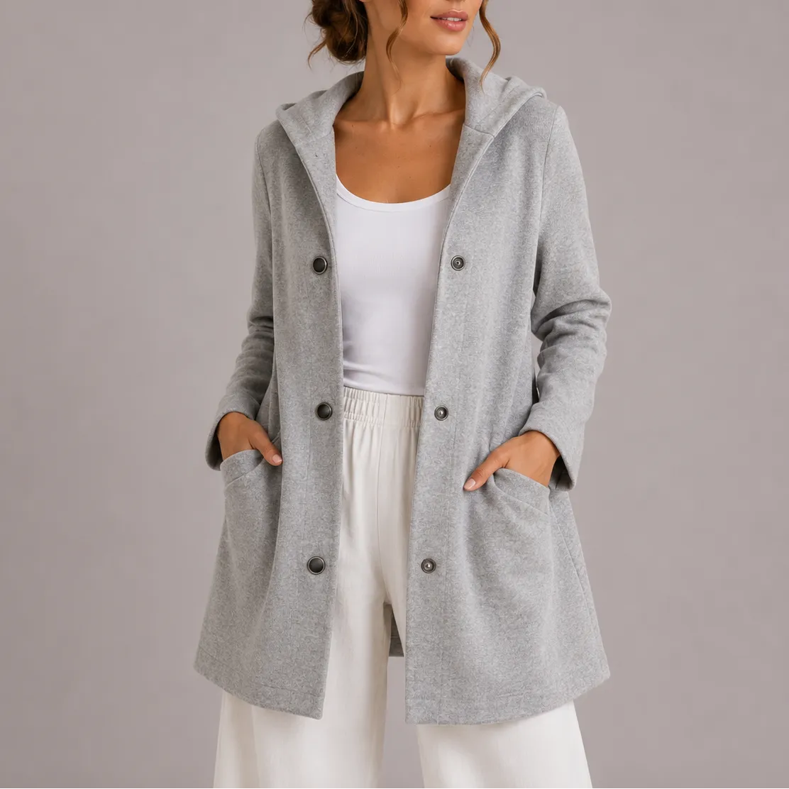 Hooded Longline Knit Cardigan with Button Front and Pockets