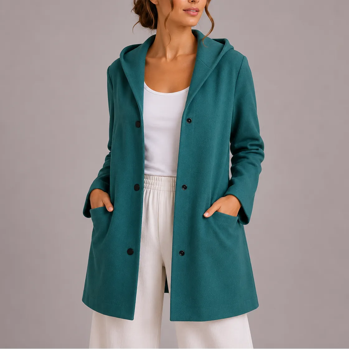 Hooded Longline Knit Cardigan with Button Front and Pockets