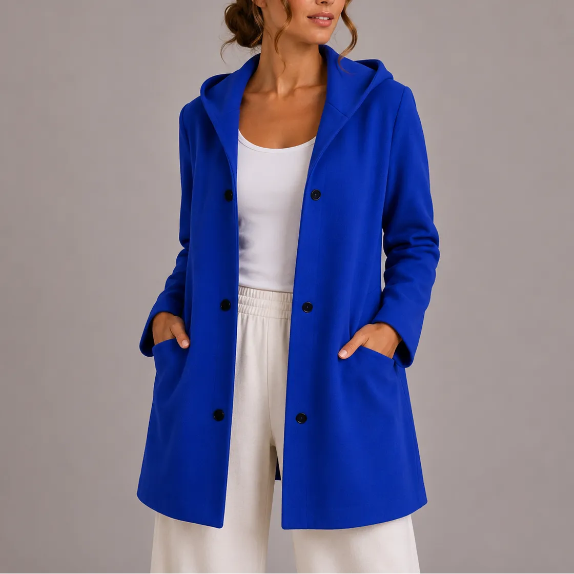 Hooded Longline Knit Cardigan with Button Front and Pockets