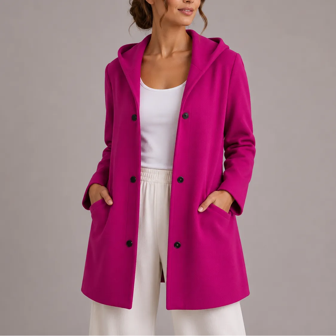 Hooded Longline Knit Cardigan with Button Front and Pockets