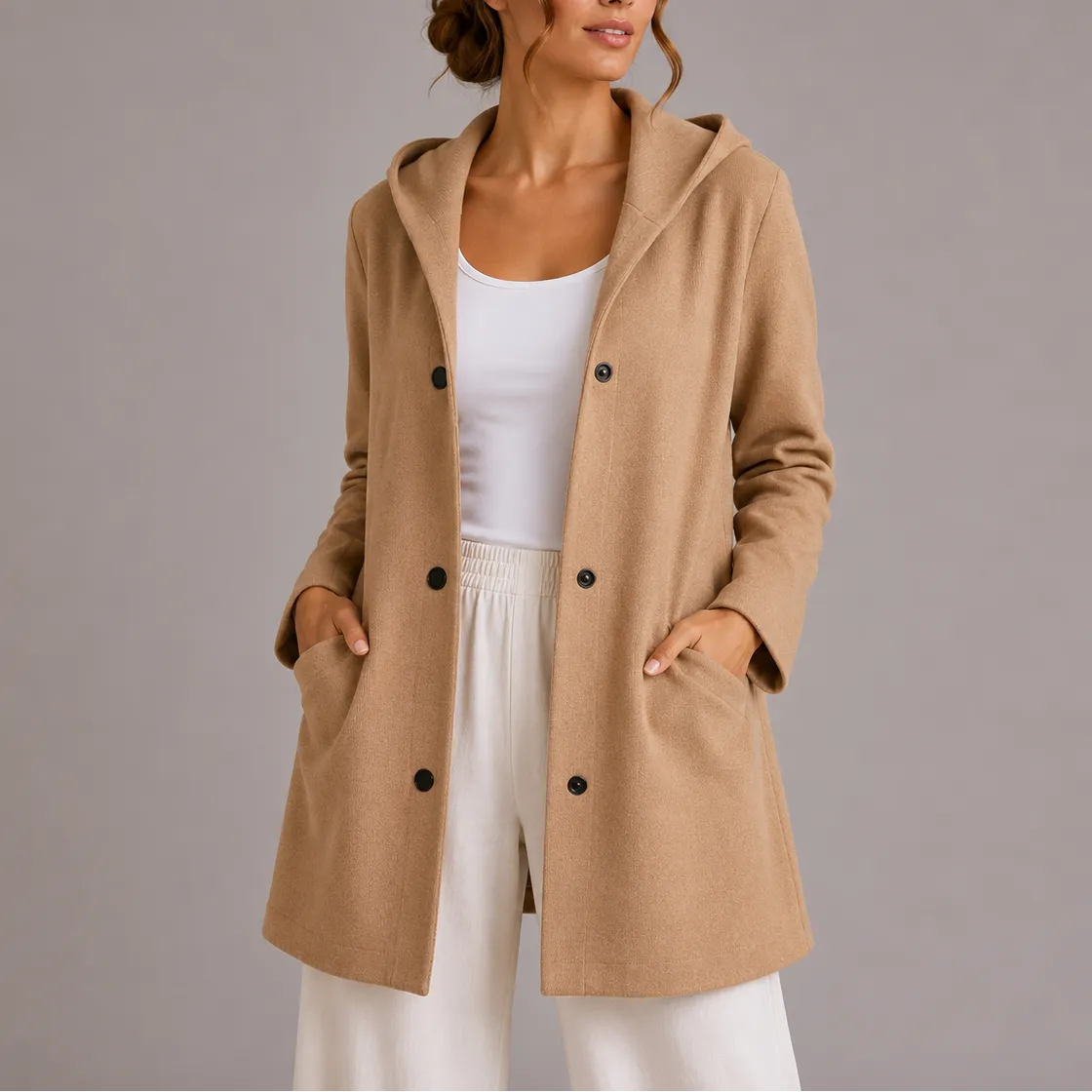 Hooded Longline Knit Cardigan with Button Front and Pockets