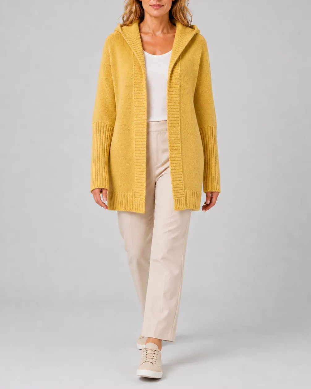 Hooded Longline Ribbed Cardigan with Open Front