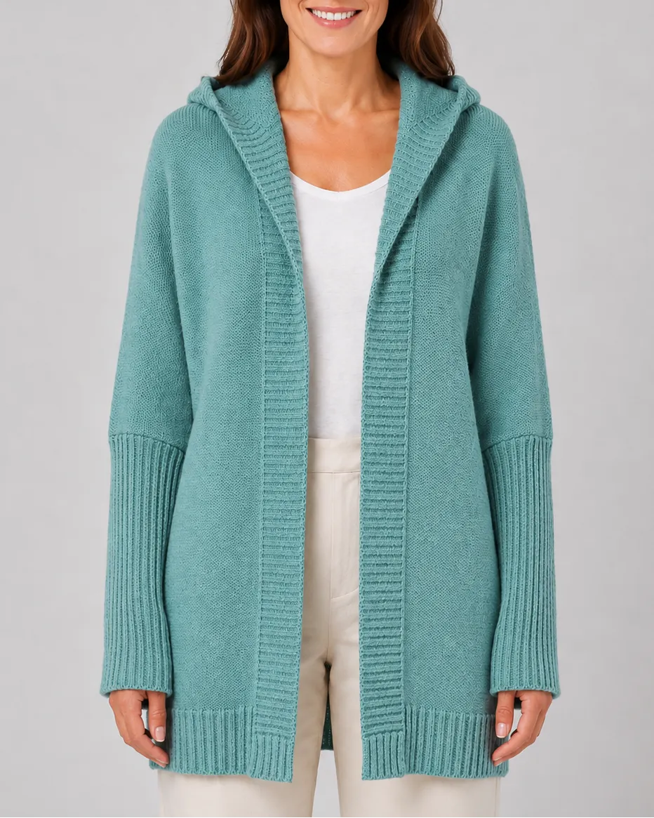 Hooded Longline Ribbed Cardigan with Open Front