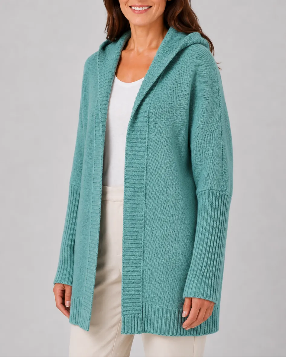 Hooded Longline Ribbed Cardigan with Open Front