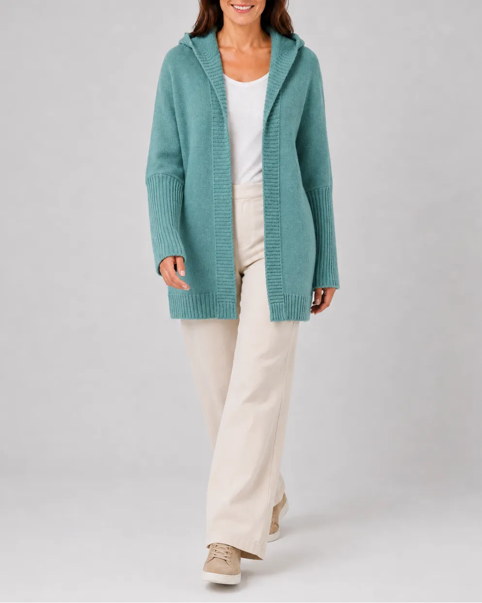 Hooded Longline Ribbed Cardigan with Open Front