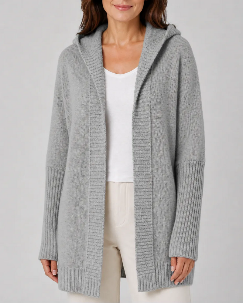 Hooded Longline Ribbed Cardigan with Open Front
