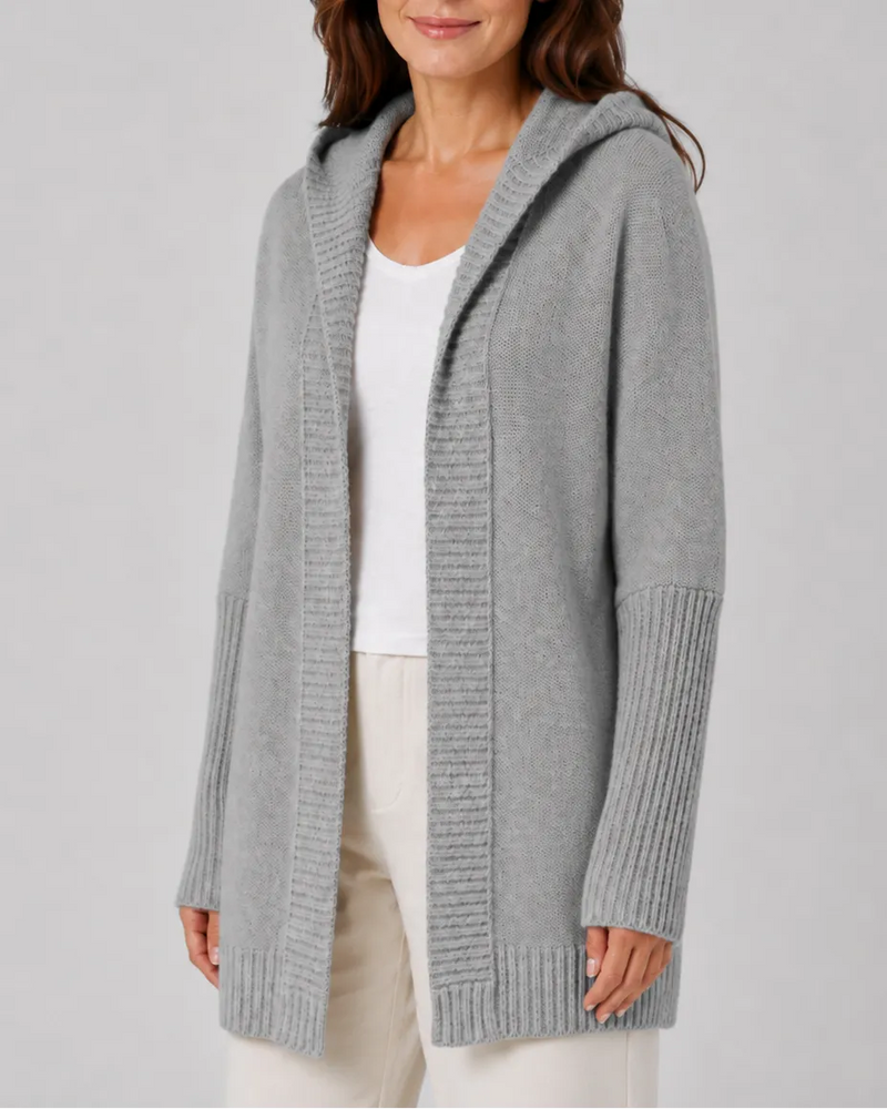 Hooded Longline Ribbed Cardigan with Open Front