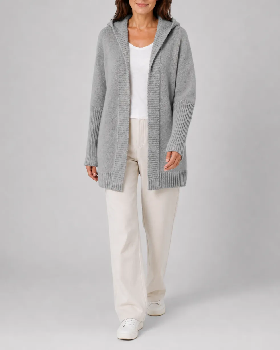 Hooded Longline Ribbed Cardigan with Open Front