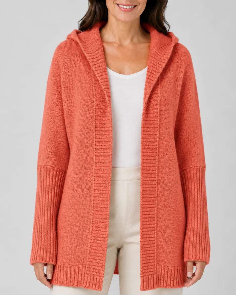 Hooded Longline Ribbed Cardigan with Open Front