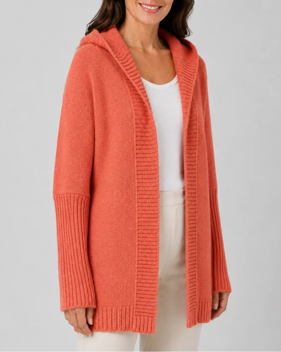 Hooded Longline Ribbed Cardigan with Open Front