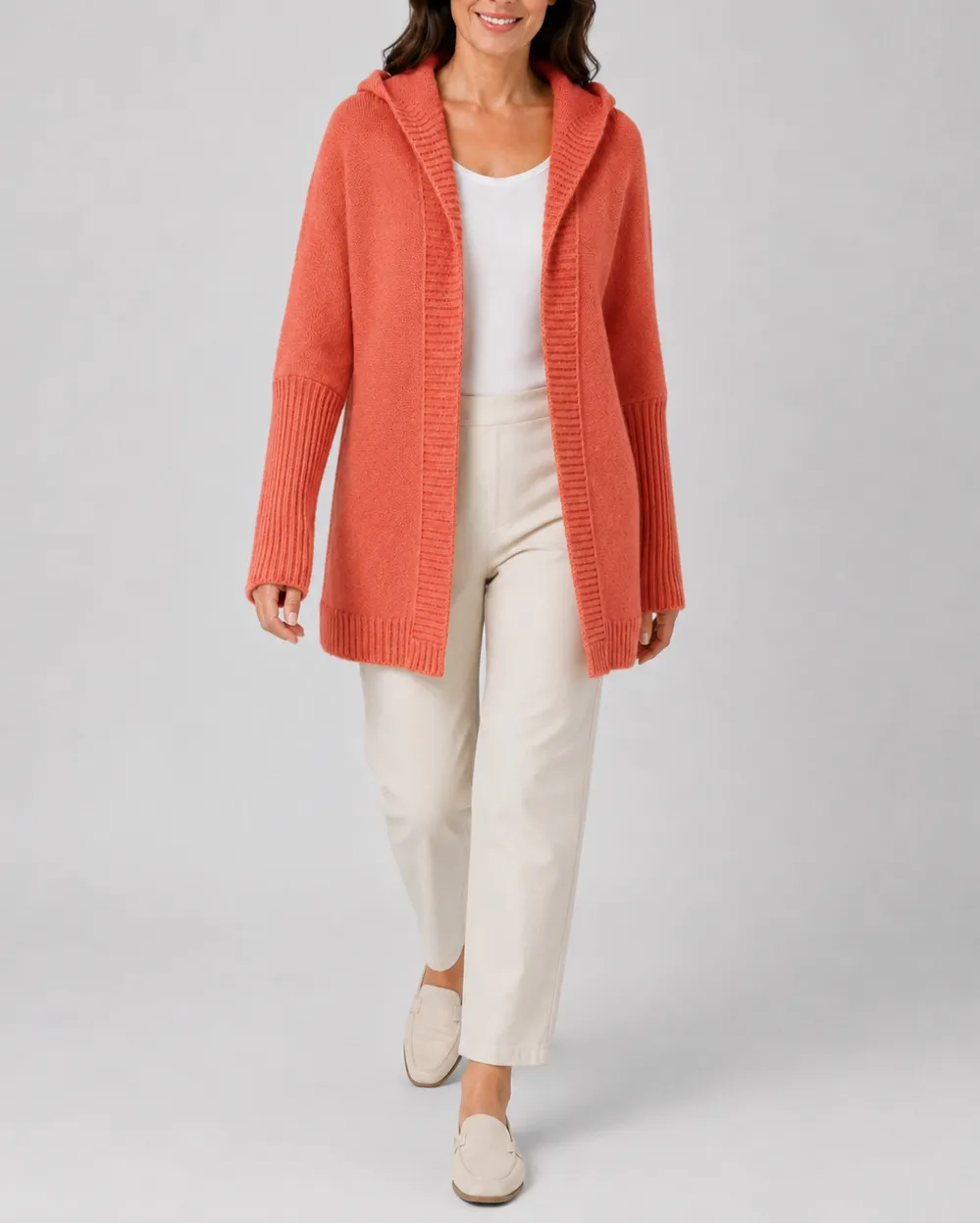 Hooded Longline Ribbed Cardigan with Open Front