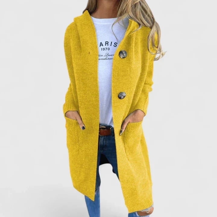 Hooded Longline Ribbed Knit Cardigan with Button Front and Pockets