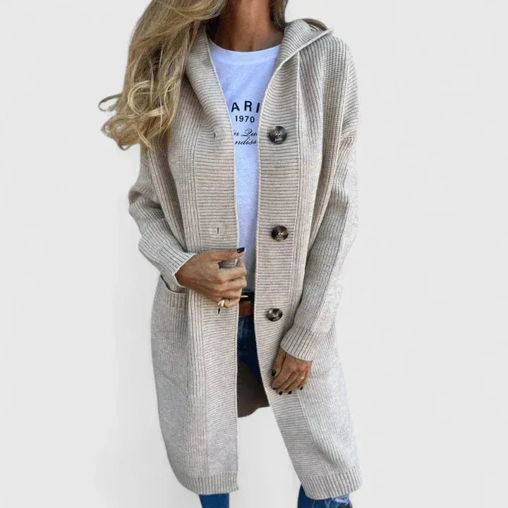 Hooded Longline Ribbed Knit Cardigan with Button Front and Pockets