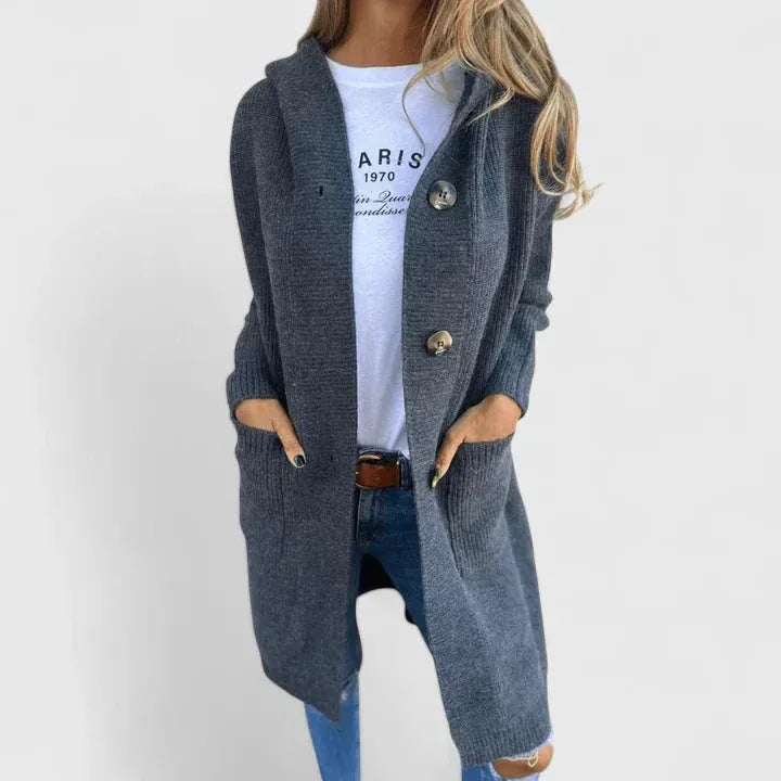 Hooded Longline Ribbed Knit Cardigan with Button Front and Pockets