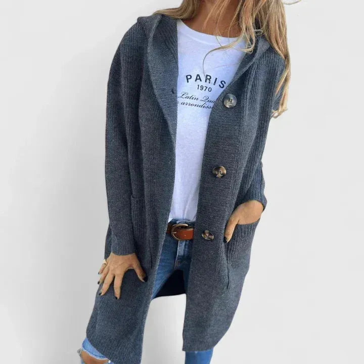 Hooded Longline Ribbed Knit Cardigan with Button Front and Pockets