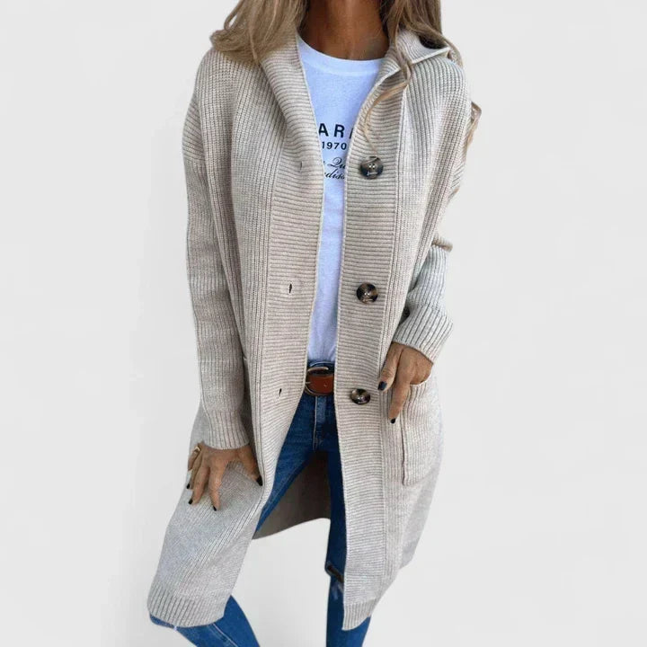 Hooded Longline Ribbed Knit Cardigan with Button Front and Pockets
