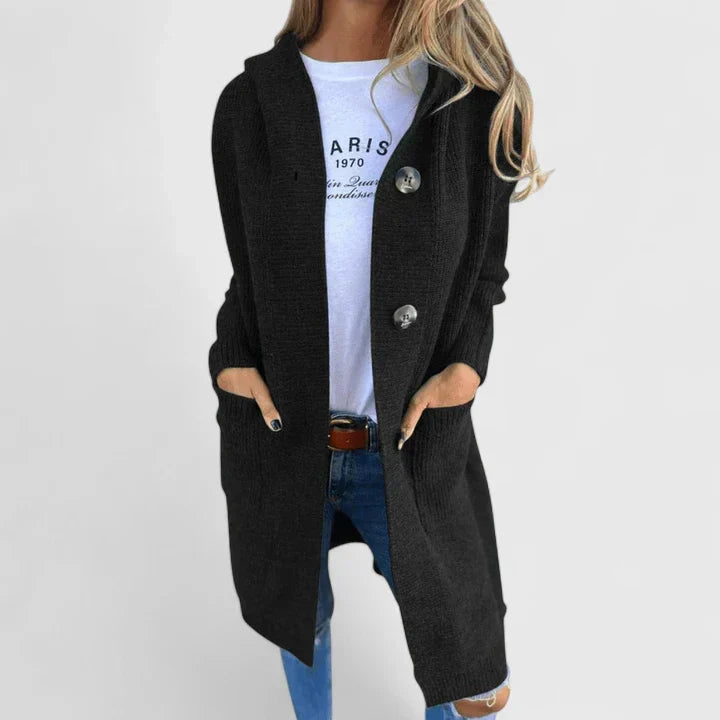 Hooded Longline Ribbed Knit Cardigan with Button Front and Pockets