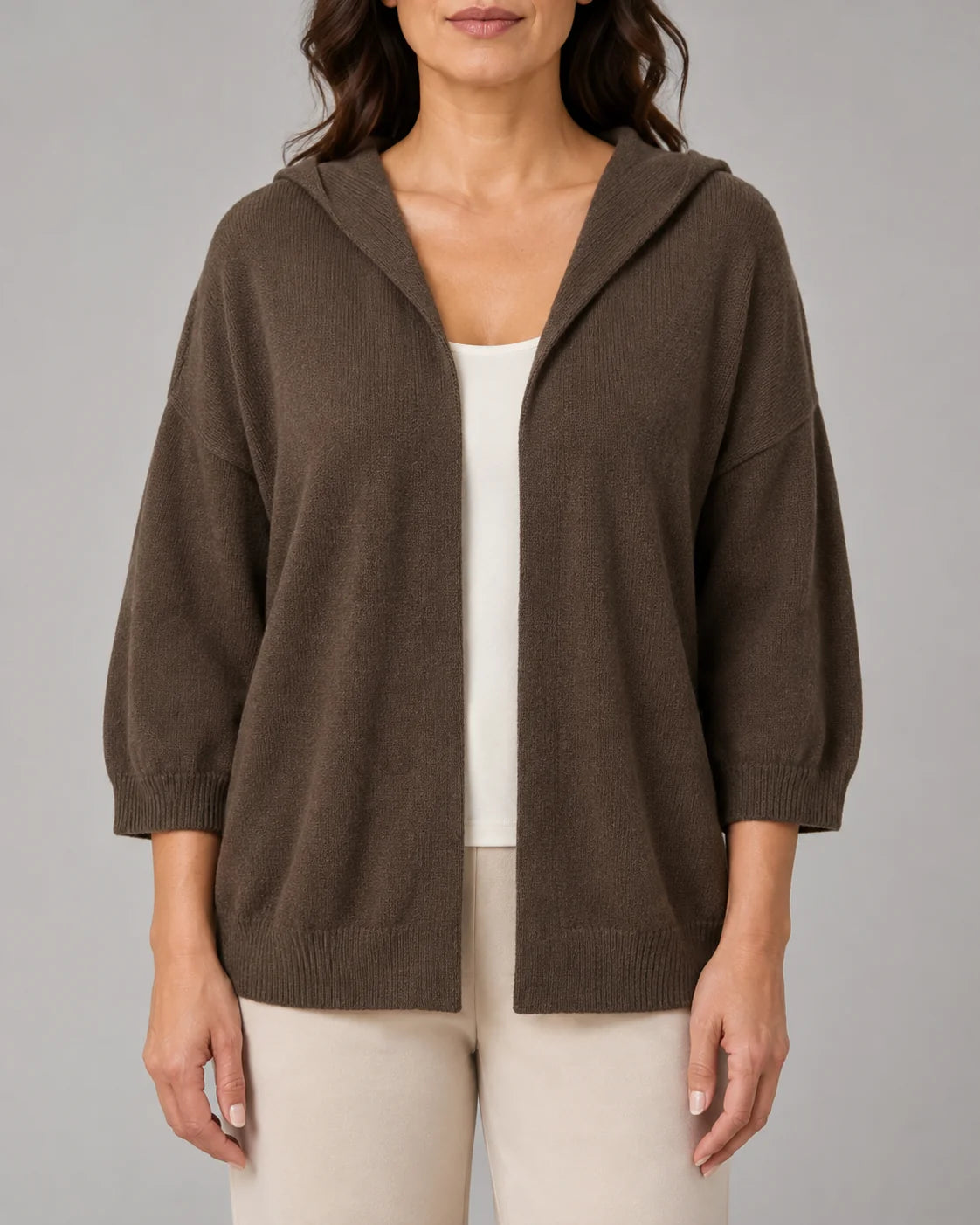 Hooded Ribbed Knit Cardigan with Open Front