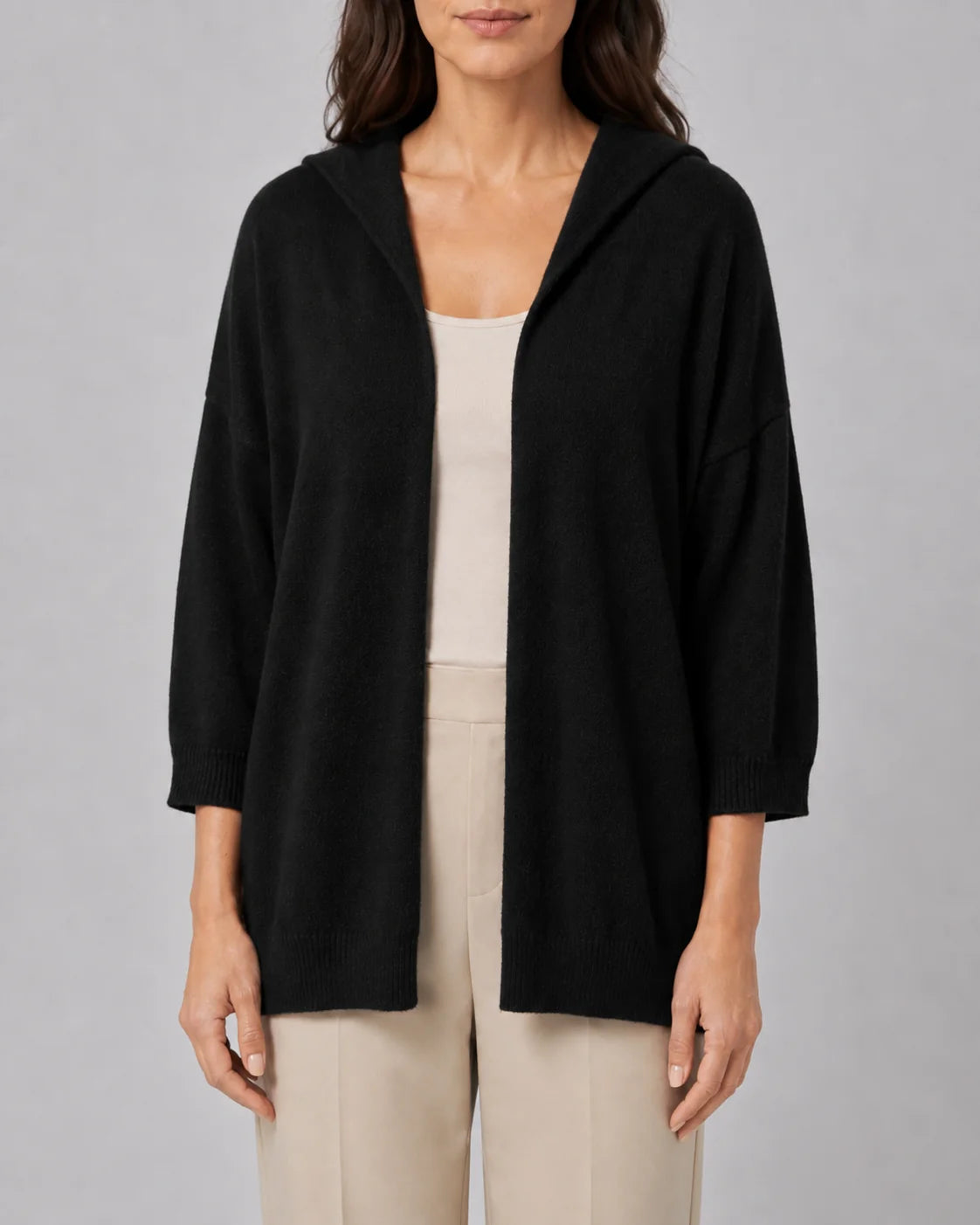 Hooded Ribbed Knit Cardigan with Open Front