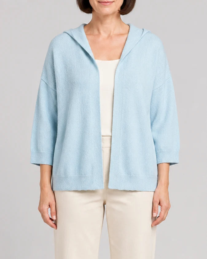 Hooded Ribbed Knit Cardigan with Open Front