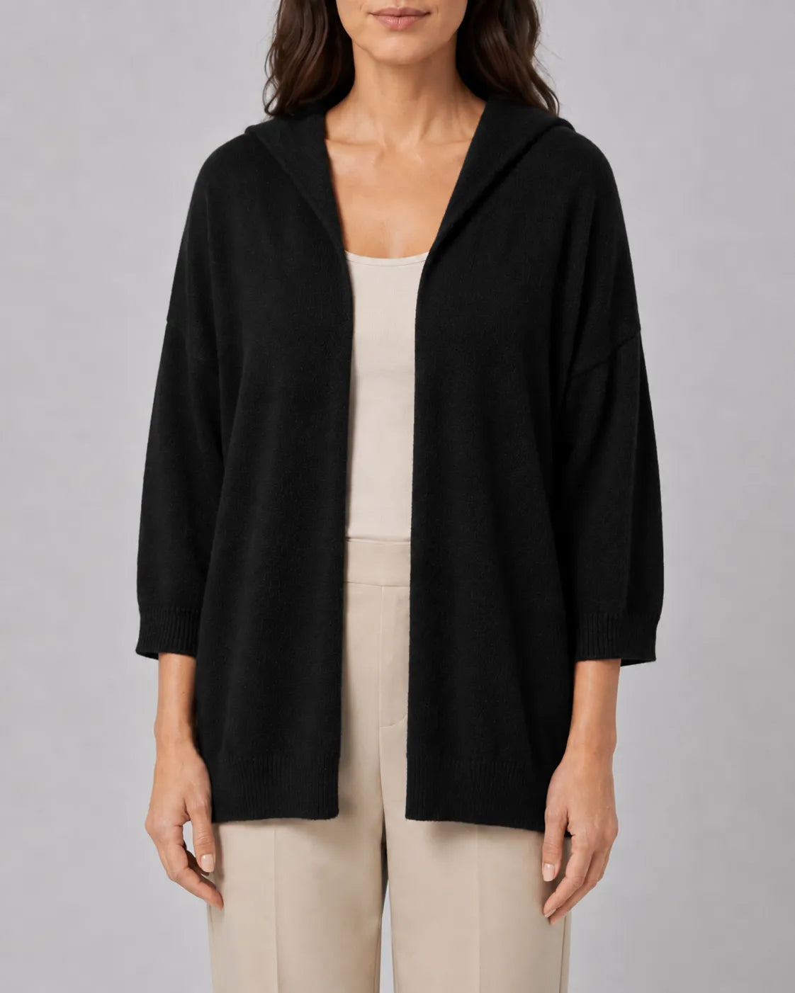 Hooded Ribbed Knit Cardigan with Open Front