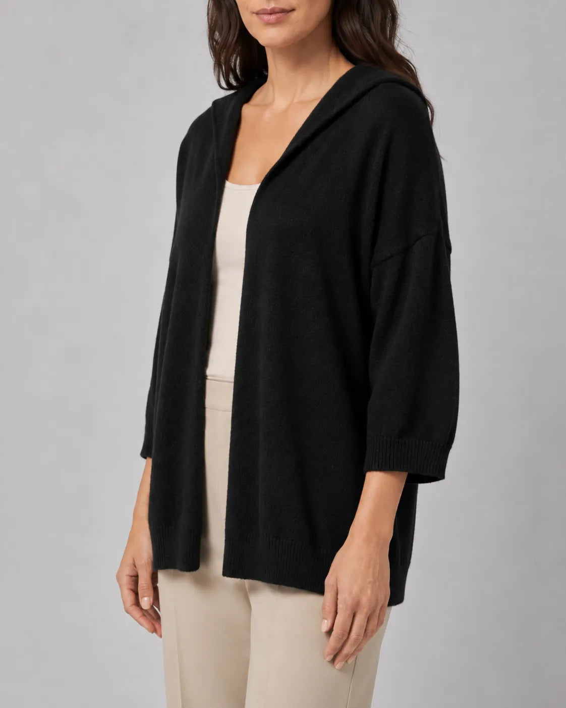 Hooded Ribbed Knit Cardigan with Open Front