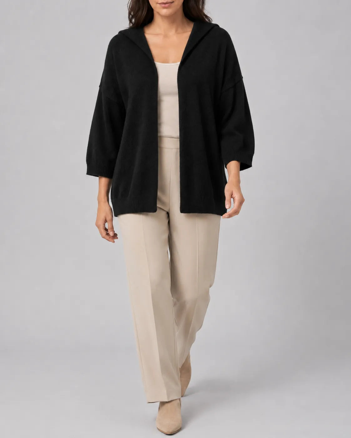 Hooded Ribbed Knit Cardigan with Open Front