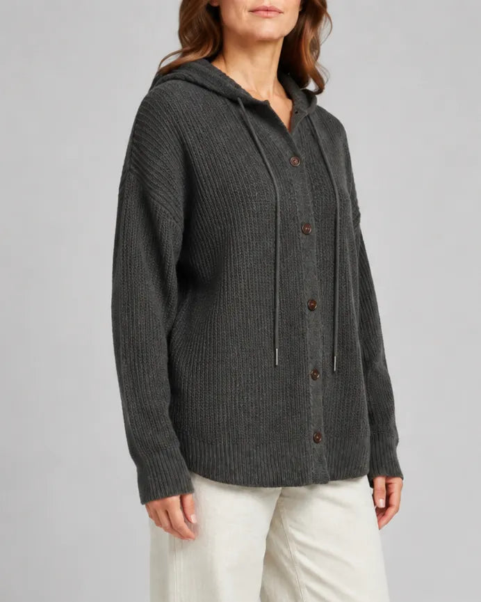Hooded Textured Knit Cardigan with Button Front