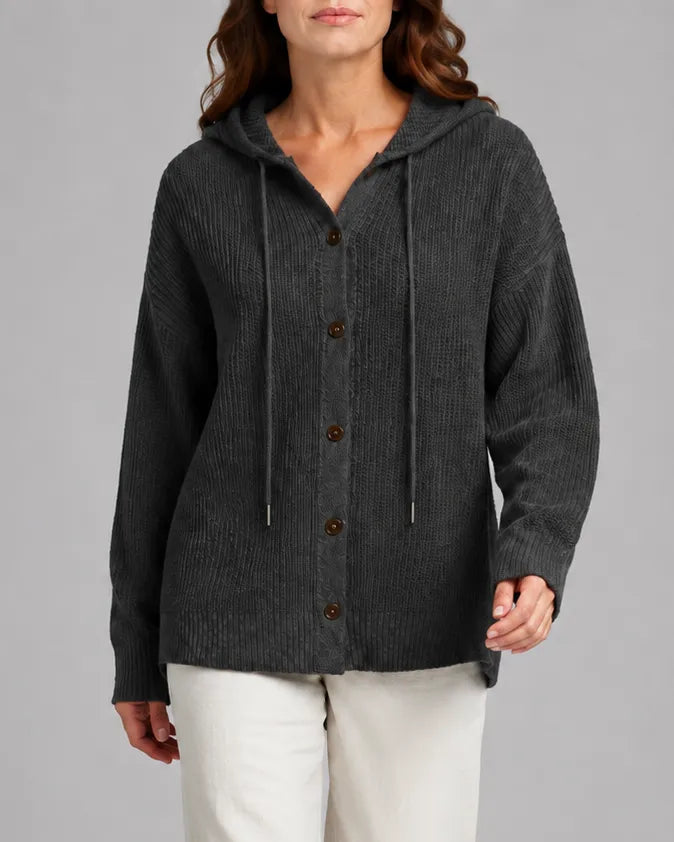 Hooded Textured Knit Cardigan with Button Front