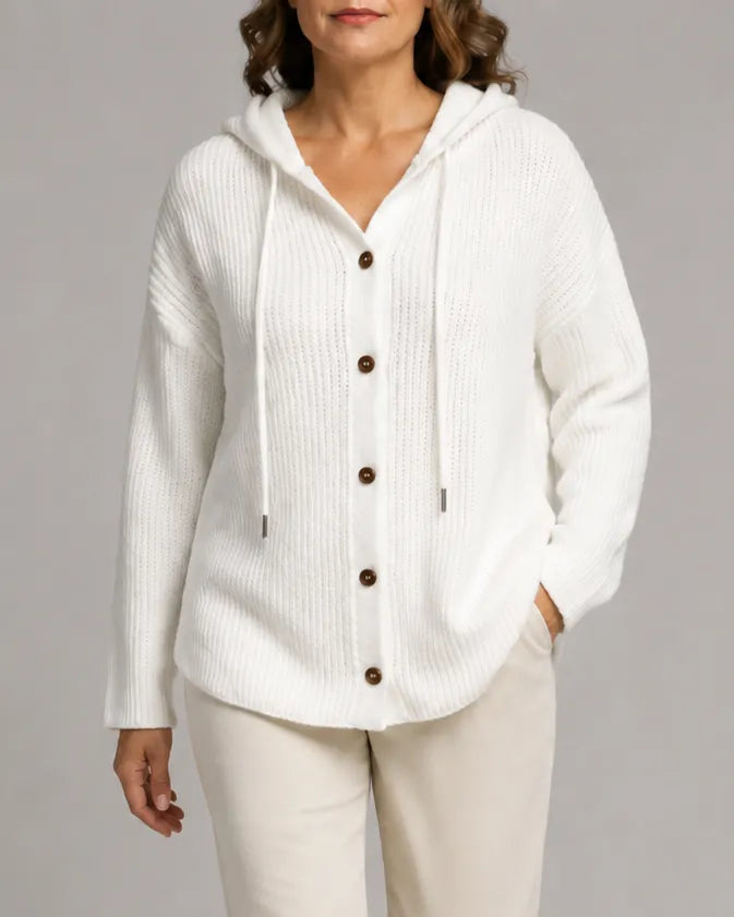 Hooded Textured Knit Cardigan with Button Front