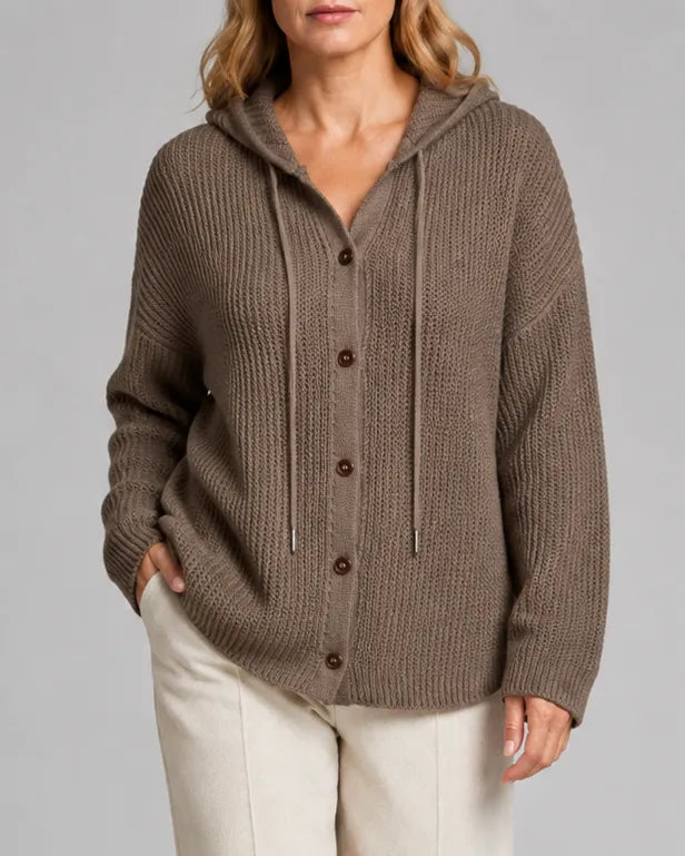 Hooded Textured Knit Cardigan with Button Front
