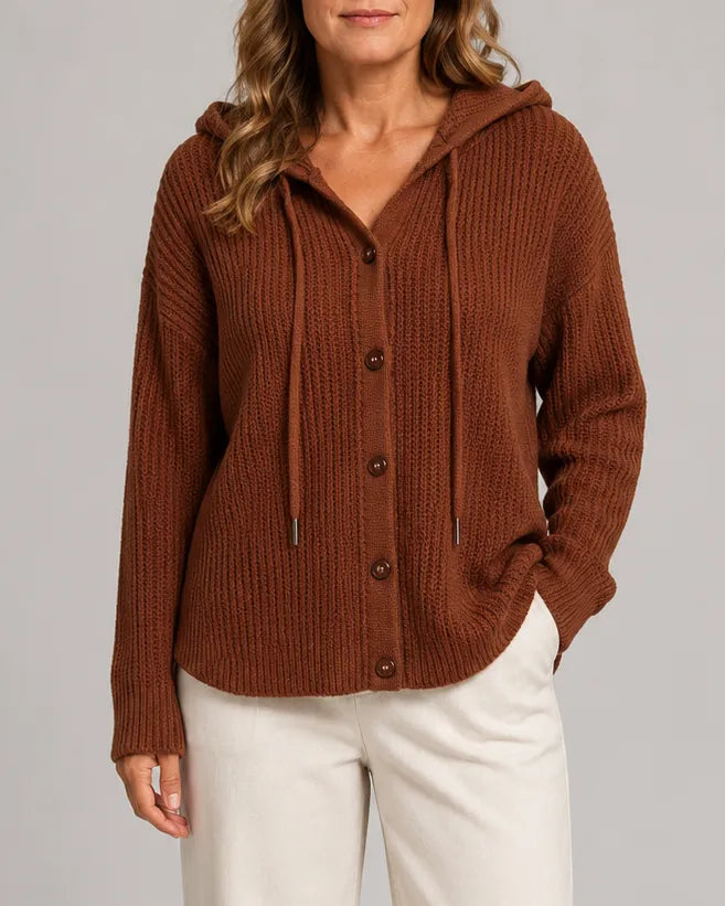 Hooded Textured Knit Cardigan with Button Front
