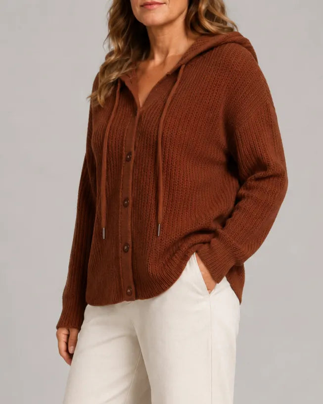 Hooded Textured Knit Cardigan with Button Front