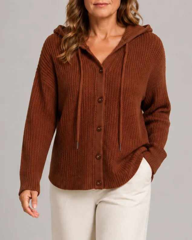 Hooded Textured Knit Cardigan with Button Front