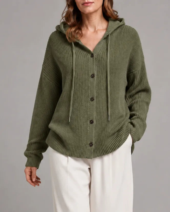 Hooded Textured Knit Cardigan with Button Front