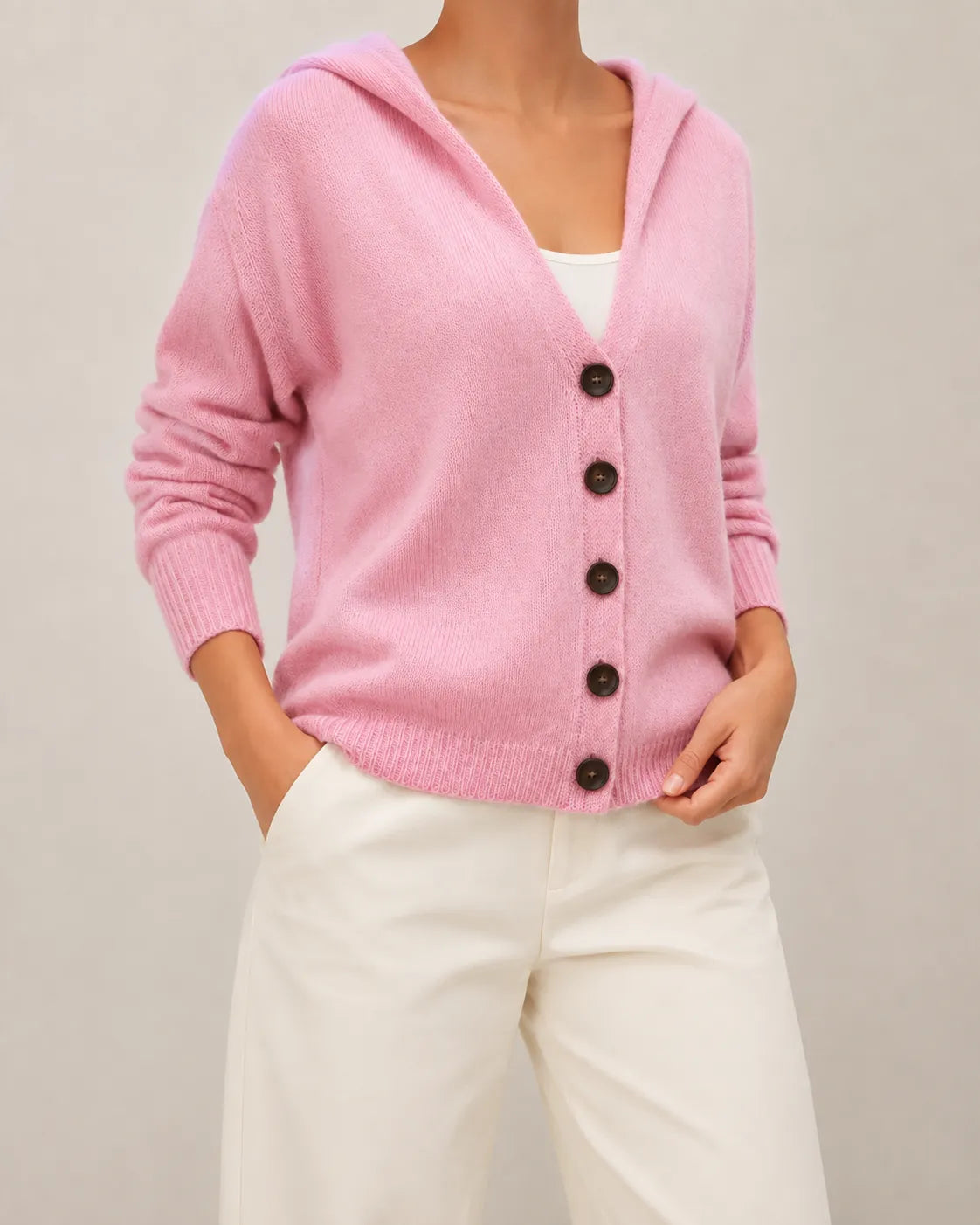 Hooded V-Neck Button Front Knit Cardigan