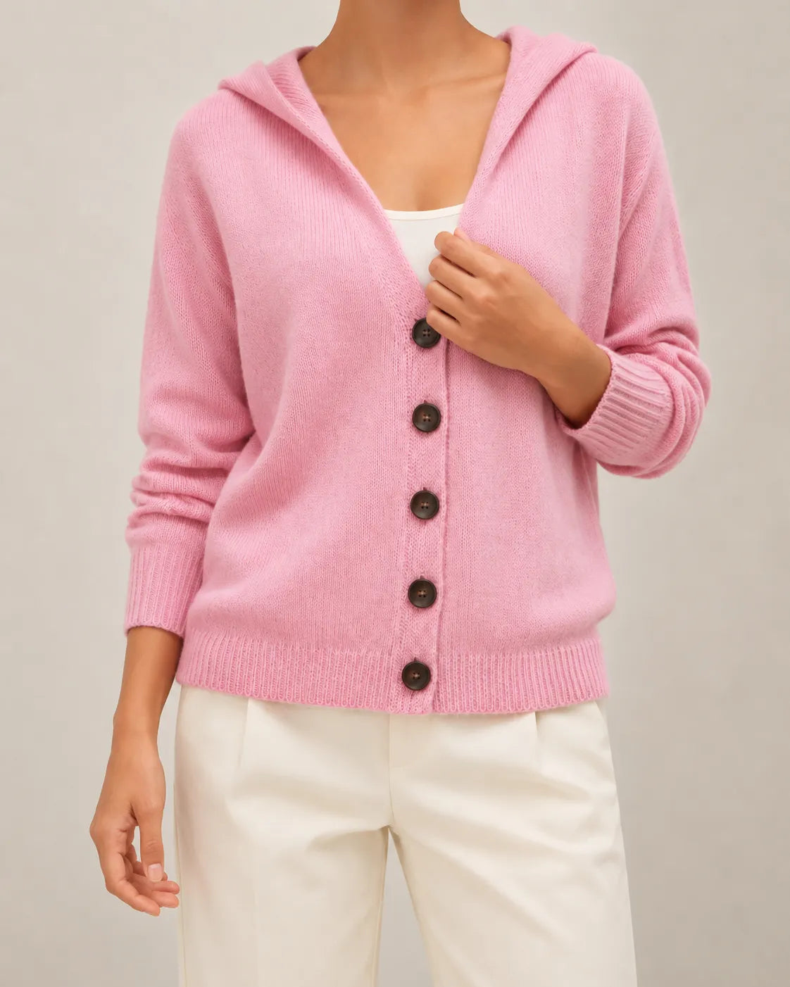 Hooded V-Neck Button Front Knit Cardigan