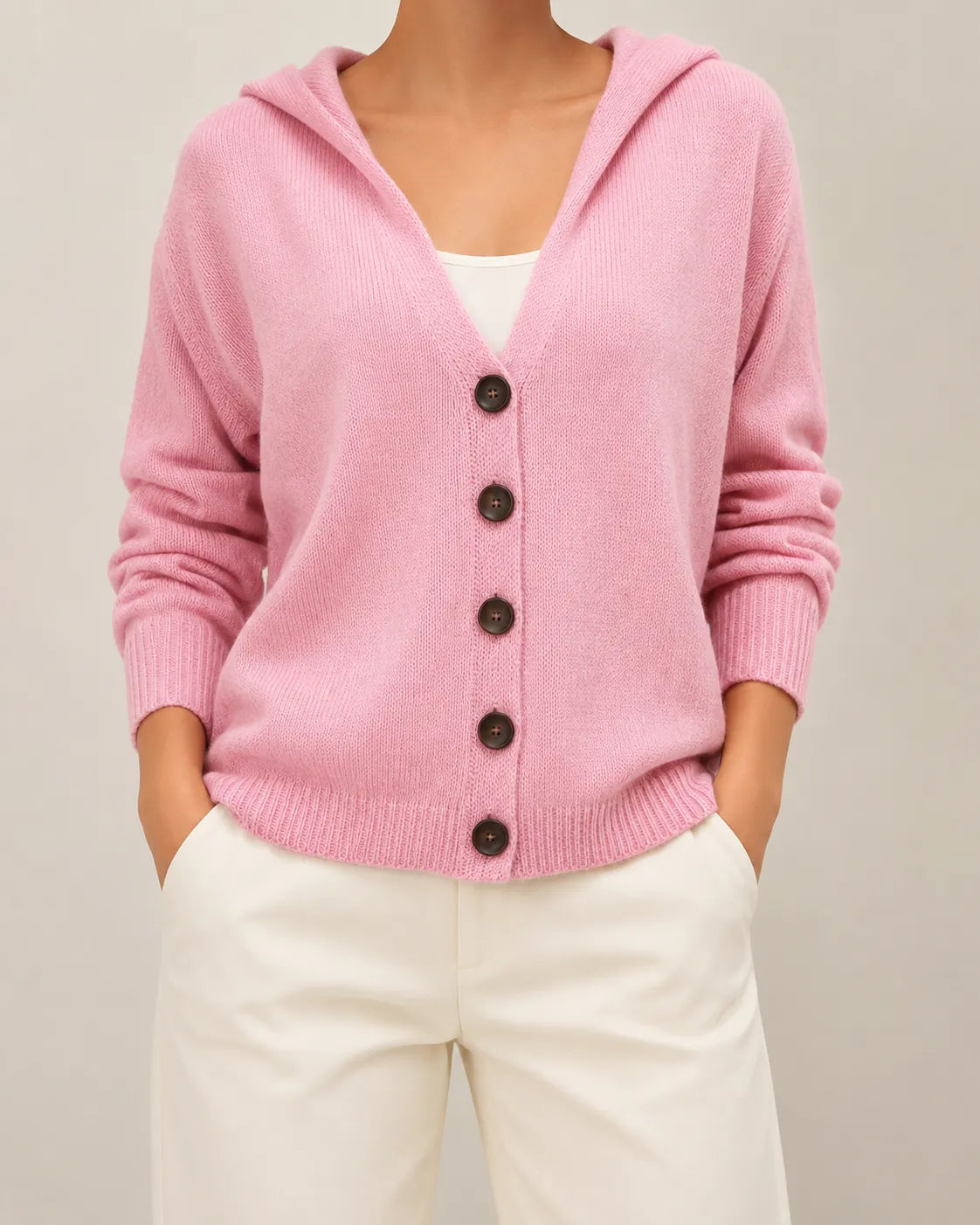 Hooded V-Neck Button Front Knit Cardigan