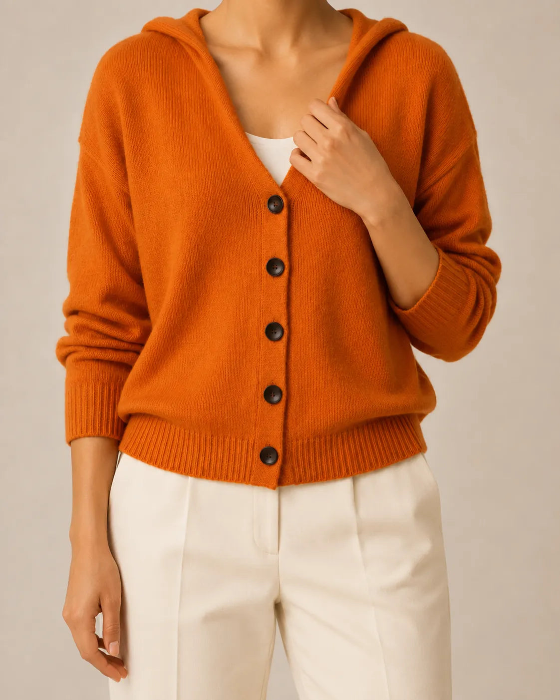 Hooded V-Neck Button Front Knit Cardigan